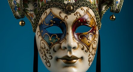 Ornate venetian mask on teal background decorative art and craftsmanship