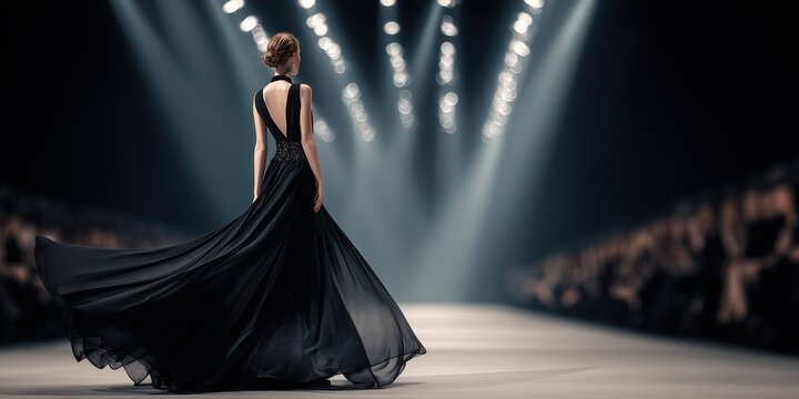 A picture of a model wearing a black evening gown walking on a show stage