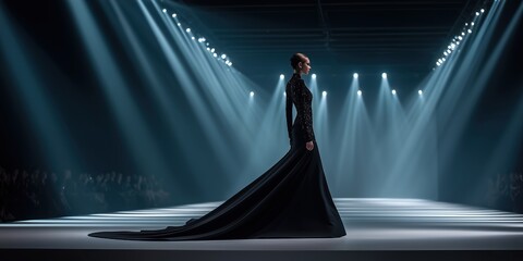 A picture of a model wearing a black evening gown walking on a show stage