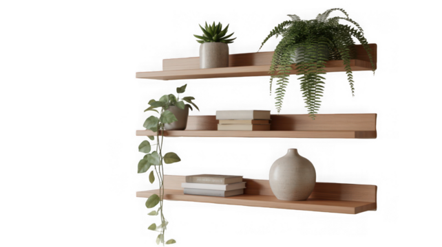 Wooden Wall Shelves with Potted Plants for Modern Minimalist and Rustic Home Decor Empty Shelves Arrangement for Displaying Decorative Items Plants and Storage