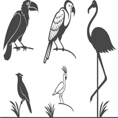 Naklejka premium Stylized Tropical Bird Silhouettes Set – Parrots, Flamingo, Hornbill, and Exotic Birds Vector