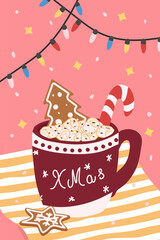 Merry Christmas and Happy New Year. Vector modern bright illustration with festive Christmas cocoa mug, gingerbread and lollipop for greeting card, poster, flyer or background.