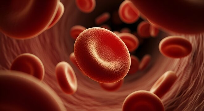 Microscopic view of red blood cells flowing through a blood vessel, showcasing their biconcave disc shape and movement within the circulatory system.