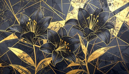 Dark floral art with gold geometric pattern