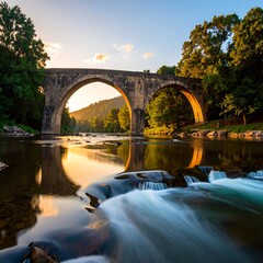 Fototapeta premium Ancient stone arch bridge over a tranquil river at sunset