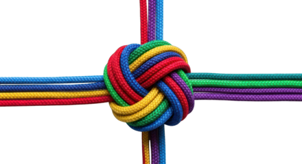 Colorful ropes tied in a central knot, on black, spreading outward
