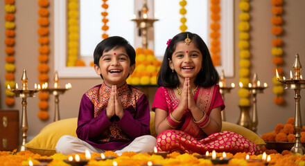 Two children dressed in colorful ethnic wear sit indoors surrounded by marigold flowers and diyas, performing a prayer during Diwali celebrations.