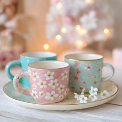Fototapeta premium Floral ceramic coffee mugs on plate with pastel background