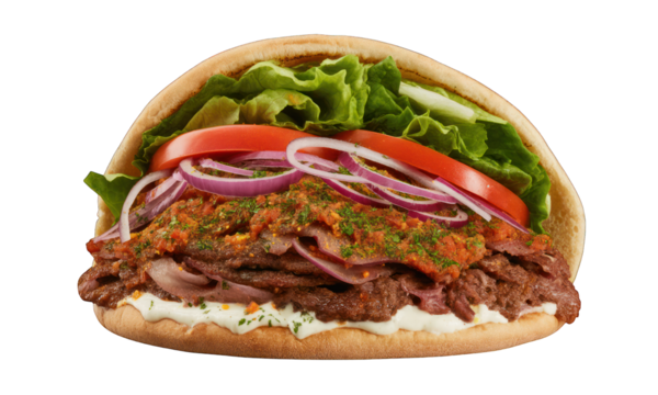 Delicious kebab sandwich with meat, sauce, vegetables, in pita bread