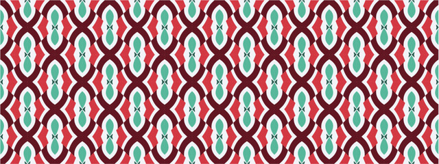 A festive repeating pattern of red and teal shapes on a white background creating a holiday atmosphere.