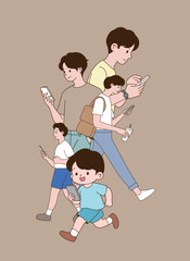 People walking using smartphones. Minimal line illustration design.