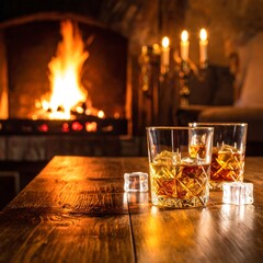 Two whiskey glasses with ice cubes on a wooden table in front of a warm fireplace