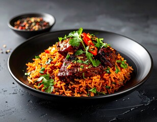 Delicious Asian-inspired spicy beef short ribs served over flavorful jasmine rice garnished with fresh cilantro and chili peppers on a black plate