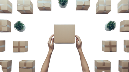 Hands hold box centered among boxes & plants on a black background