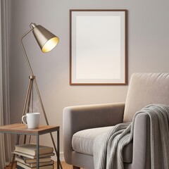 Mockup poster frame in a minimalist reading nook with light gray armchair, textured blanket, wooden side table, white ceramic mug, and warm tripod floor lamp