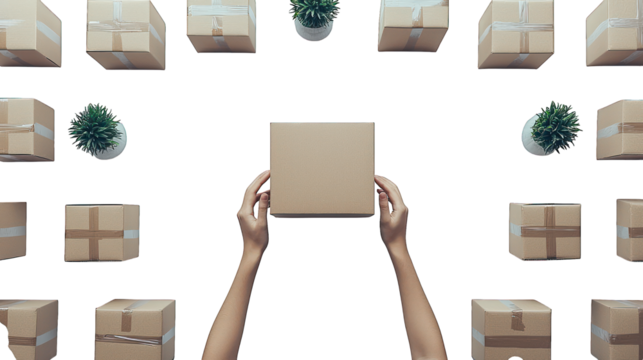 Hands hold box centered among boxes & plants on a black background