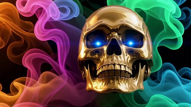 Dynamic skull with glowing eyes surrounded by vibrant smoke swirls in a dark setting