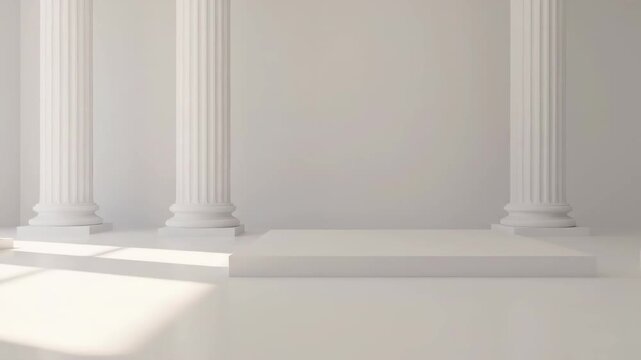 Sunlit White Room with Pillars and Platform - A pristine white room features four elegant pillars flanking a central, elevated platform.