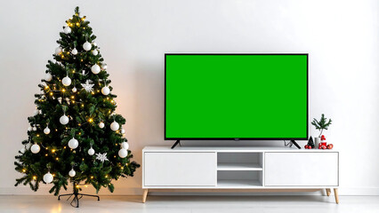 Interior of a festive living room with a glowing Christmas tree and a modern television with a blank green screen for mockup