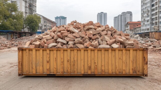 Pile of construction debris in a yellow shipping container on an urban site with modern buildings under a cloudy sky in a developing city environment