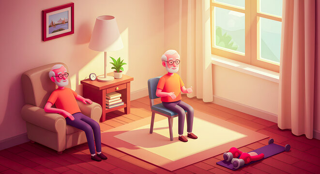 Elderly couple enjoying a relaxing afternoon at home, engaging in light exercise and reading
