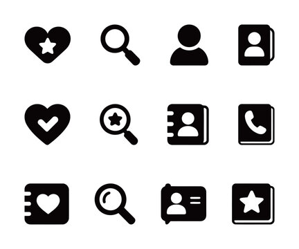 Set of contact and address book icons, including profile, search, and favorites, for mobile apps and directories