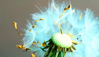 Close-up of a dandelion seed head, light blue hues