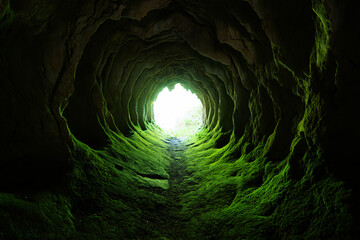Eerie Tunnel Cave Entrance Covered in Lush Green Moss with Bright Light Ahead nature