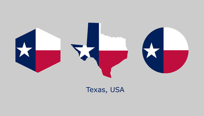 Texas flag map set. Texas USA flag map vector. Texas flag map, hexagon flag, circle flag