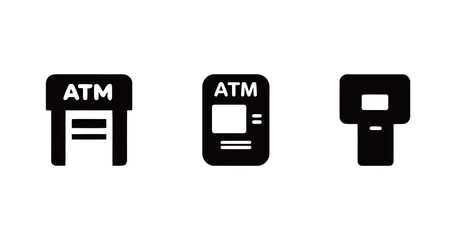 Set of ATM machine icons, in various styles for banking, finance, and cash withdrawal services