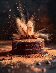 Dark chocolate cake with chocolate frosting and cocoa powder on surface with explosion of cacao powder in the air, warm ambient lighting, close-up shot