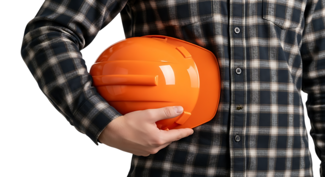 Construction worker holding an orange safety helmet in a plaid shirt