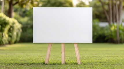 Blank canvas on wooden easel in an outdoor setting surrounded by green grass and trees, ideal for creative or artistic concepts and presentations