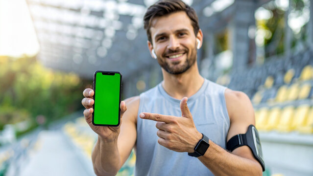 Young athletic man pointing at a smartphone with a green screen, showcasing a fitness app or health tracker