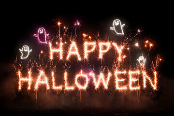 Happy halloween illuminated text with festive ghost shapes glowing in the dark night