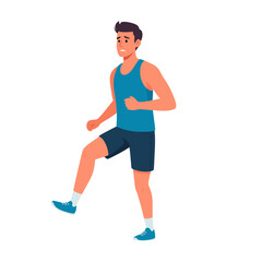 a funny runner vector illustration of a smiling man wearing a blue tank top and shorts running energetically in a plain white background with a carefree expression