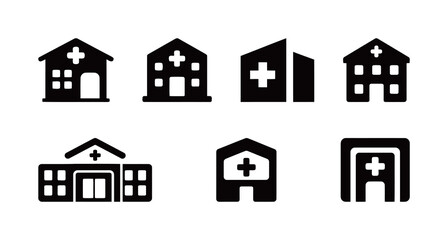 Set of Hospital Building Icons for Medical and Healthcare Facilities in a Flat Design Style
