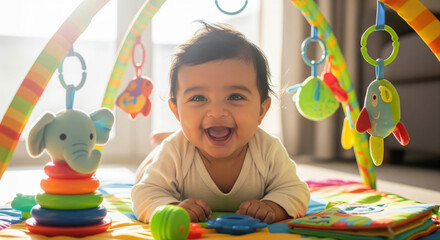 A baby enjoys tummy time on a colorful playmat surrounded by vibrant hanging toys shaped like animals and rings, illuminated by gentle sunlight.