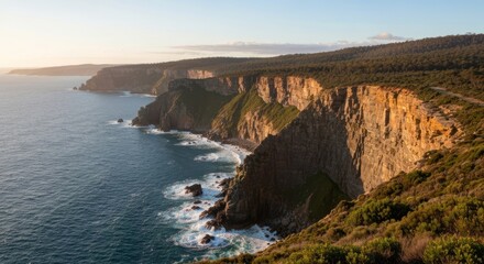 Coastal cliffs and ocean meet; sunset paints the rocks