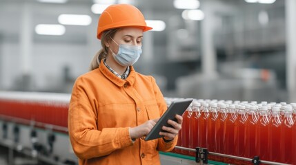 Female Worker in Orange Jacket and Hard Hat Using Tablet in Beverage Production Facility with Bottled Juice on Conveyor Belt