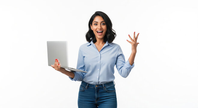 Young indian excited woman holding laptop on white background