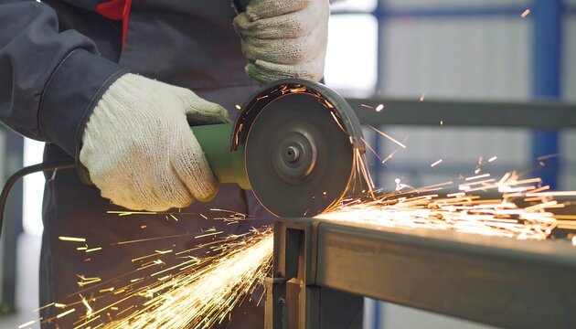 Metal worker using a grinder on a steel beam.  Sparks fly - Powered by Adobe