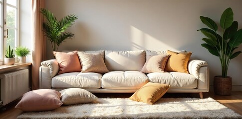 Cozy living room featuring plush cushions scattered on a comfortable sofa and floor, creating a relaxed and inviting atmosphere  Soft lighting enhances the homey feel ,  throw pillows,  nest