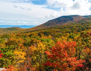 Vibrant Autumn Tapestry of a Mountain Forest Overlooking a Distant Lake.
