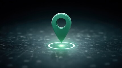 Green location pin marker icon shining brightly against a dark abstract background, symbolizing navigation, mapping, and geographic data connection