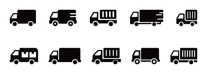 Collection of Delivery Truck Icons for Logistics and Transportation Services in a Flat Style