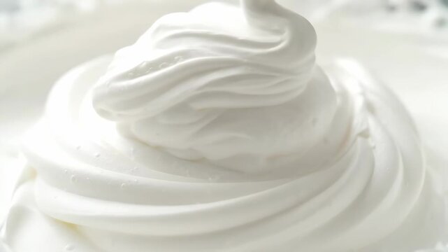 Swirling Whipped Cream Close Up - A close-up shot reveals the smooth, swirling texture of freshly whipped cream. The creamy peaks and valleys create an appealing visual texture.