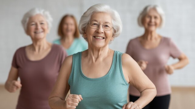 Happy elderly women exercising together in a fitness class promoting health, wellness, and friendship among seniors in a bright and cheerful environment
