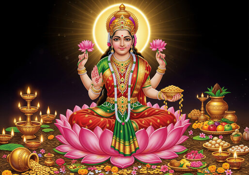 A richly adorned Goddess Lakshmi is depicted seated on a vibrant pink lotus, holding lotus flowers and gold coins, surrounded by glowing oil lamps in a divine setting.
