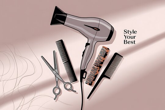 Professional hairstyling tools to create stunning looks at your salon, featuring a dryer, combs, and scissors for your next beauty project or tutorial
